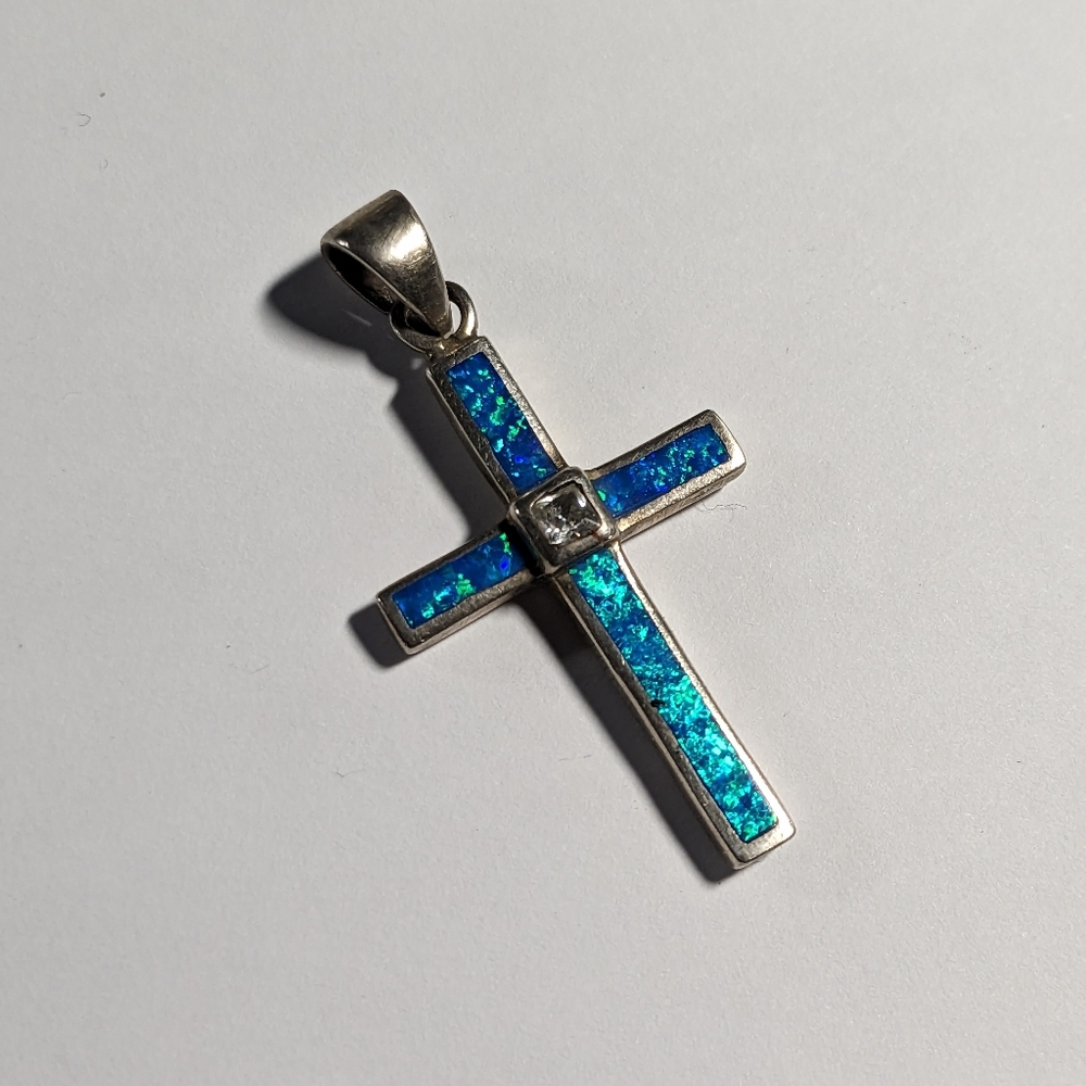 Sterling Silver 925 created blue Opal cz cross pendant charm for necklace
